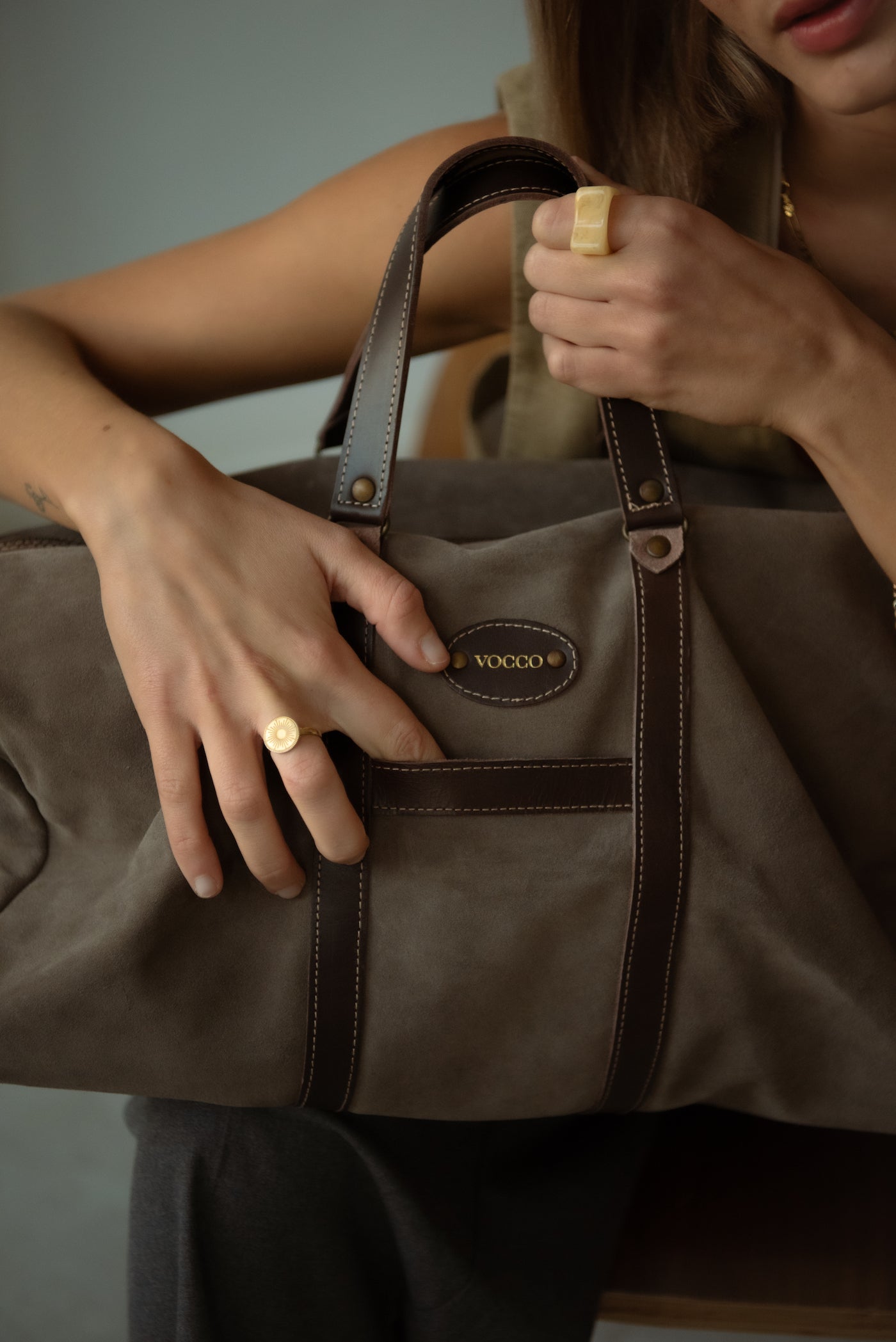 Vocco Taupe Leather Weekender Bag