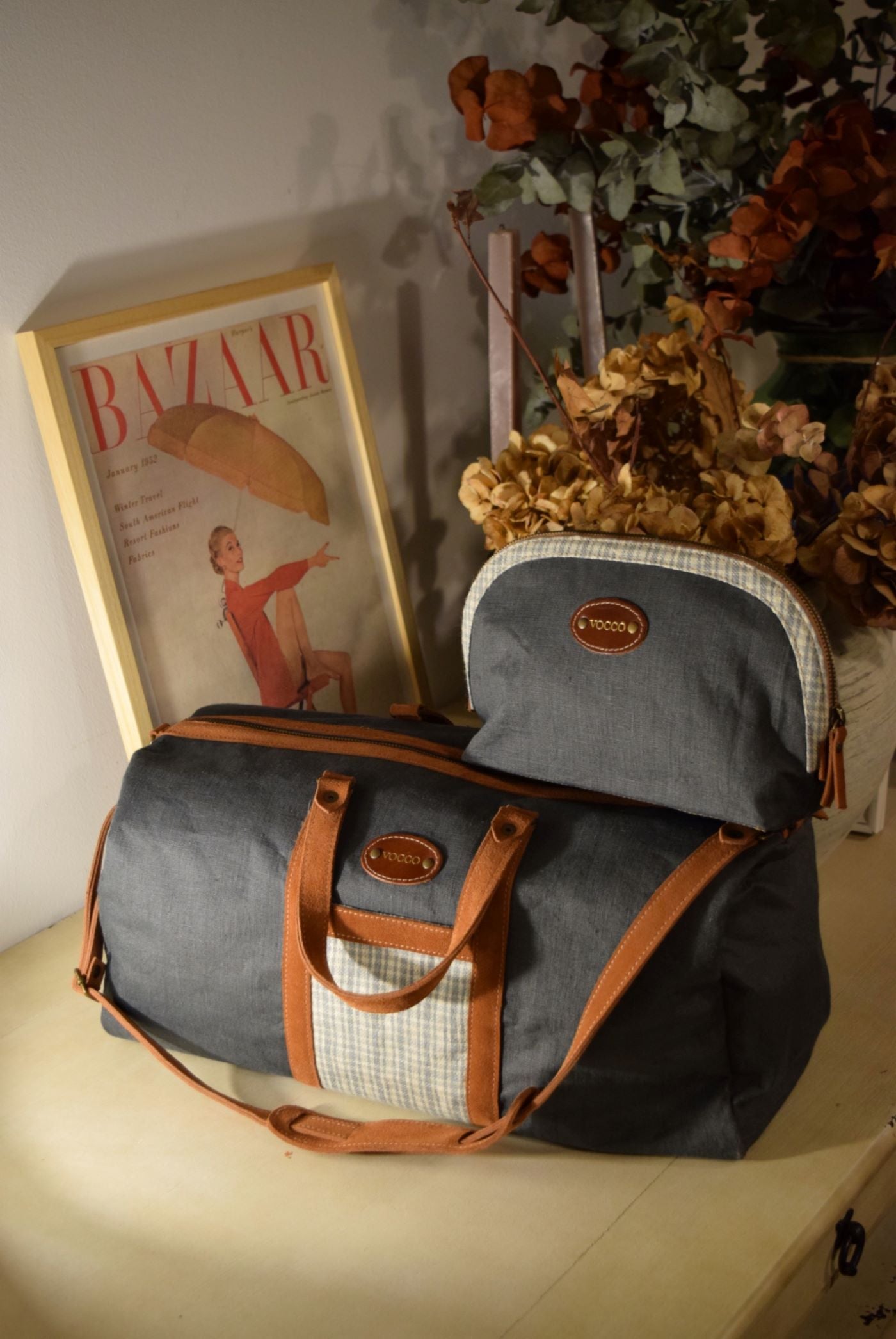 Vocco Weekender Bag Dark Grey Linen Checks - Vocco