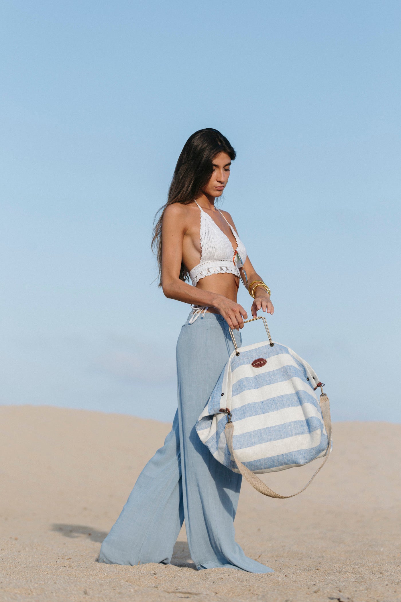 Vocco Linen Beach Bag Blue Stripes