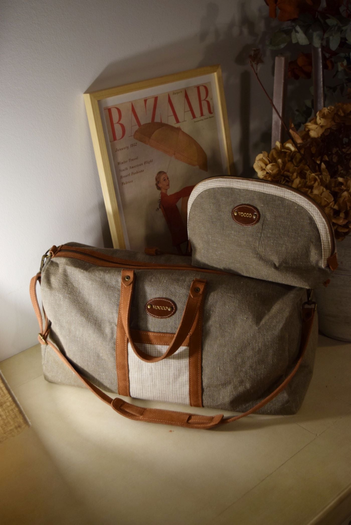 Vocco Weekender Bag Brown Linen Checks - Vocco