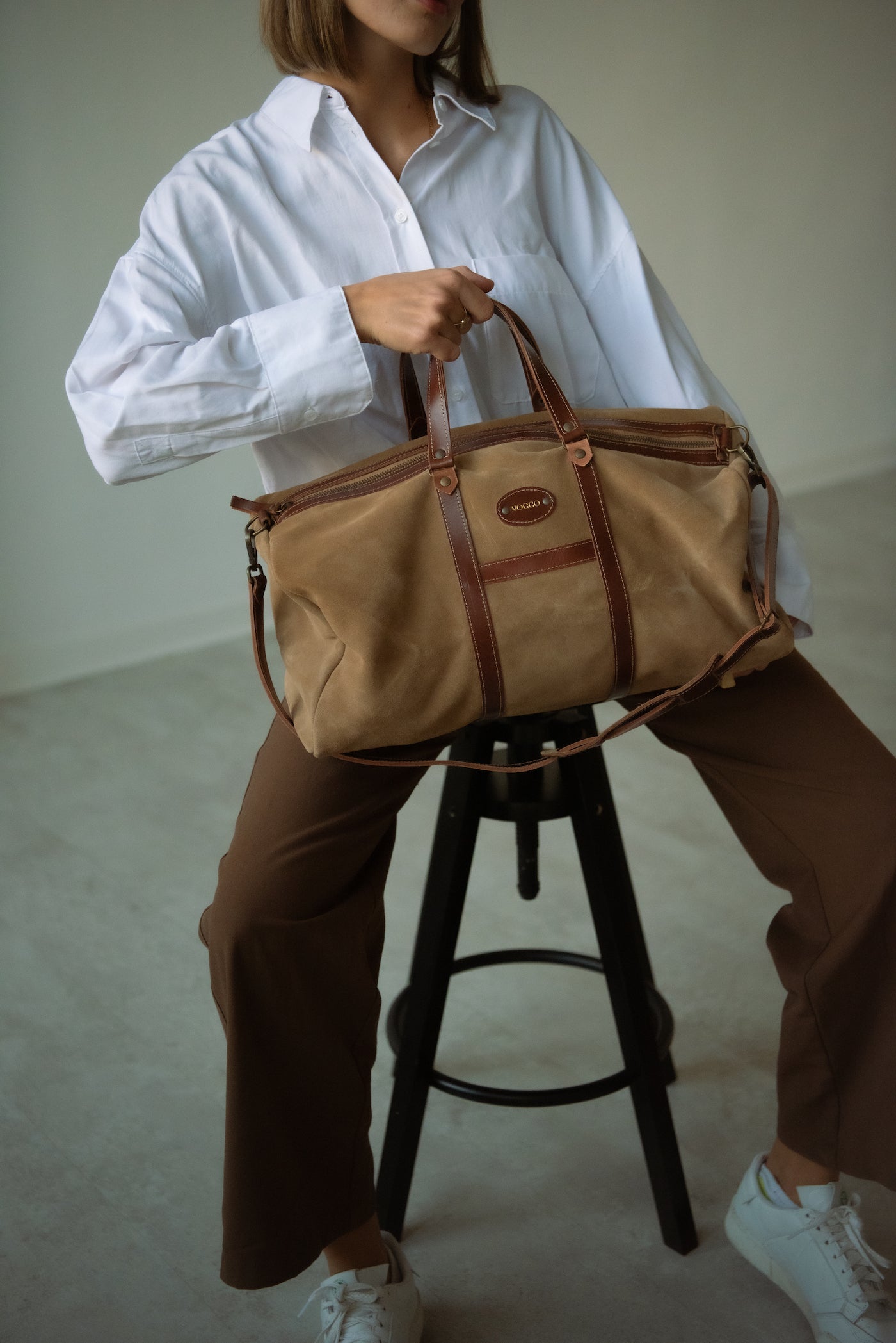 <tc>Vocco Bolso De Cuero de fin de semana Avellana.</tc>